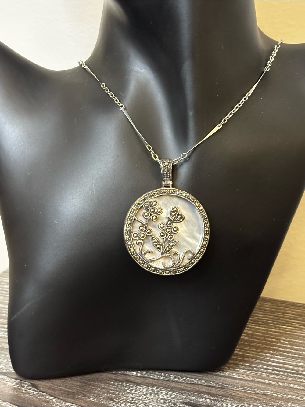 Vintage Mother of Pearl Marcasite Floral Butterfly Pendant on Avon Chain 22”